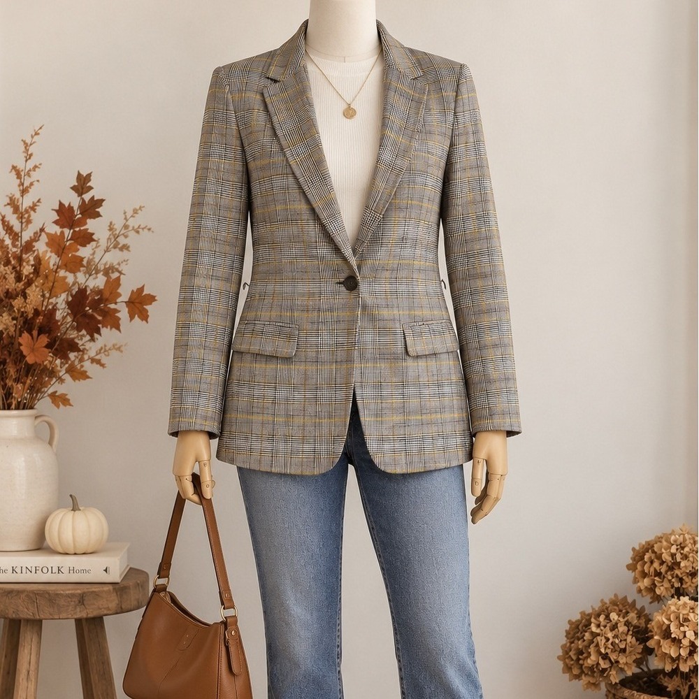 Womens Brown Yellow Glen Plaid Single Button Blazer Jacket Small Fall Preppy